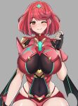  absurdres bangs black_gloves breasts chest_jewel desspie earrings fingerless_gloves gloves heart heart-shaped_pupils highres jewelry large_breasts pyra_(xenoblade) red_eyes red_hair red_legwear red_shorts short_hair short_shorts shorts swept_bangs symbol-shaped_pupils thighhighs tiara xenoblade_chronicles_(series) xenoblade_chronicles_2 