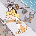  1girl aqua_legwear black_eyes black_hair bucket cat fish fishing_rod grey_cat highres hoppe_illust long_hair long_sleeves looking_at_viewer orange_cat original shirt shoes shorts sitting socks solo striped_fur water white_footwear white_shorts wide_shot yellow_shirt 