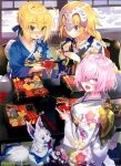  3girls ahoge artoria_pendragon_(all) bangs blonde_hair blue_eyes braid braided_ponytail cup fate/apocrypha fate/grand_order fate/stay_night fate_(series) glasses hair_between_eyes headpiece japanese_clothes jeanne_d&#039;arc_(fate) jeanne_d&#039;arc_(fate)_(all) kimono long_hair looking_at_viewer mash_kyrielight multiple_girls new_year official_art open_mouth pot pouring purple_eyes purple_hair ribbon saber shirabi short_hair sitting smile 