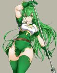  1girl armor ashita_yaru bangs belt belt_buckle breastplate buckle erinys_(fire_emblem) fire_emblem fire_emblem:_genealogy_of_the_holy_war gloves green_eyes green_hair holding holding_weapon long_hair looking_at_viewer shoulder_armor simple_background solo thighhighs thighs weapon 