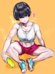  1girl anger_vein anuttsuii black_eyes black_hair blush breasts can cleavage highres looking_at_viewer midriff navel original shoes short_hair shorts sitting sneakers solo spread_legs sweat tank_top tomboy 