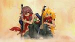  2girls ahoge ak-47 ak47_(girls_frontline) assault_rifle bare_shoulders barefoot blonde_hair blue_eyes brown_hair full_body girls_frontline gun hair_ornament highres long_hair messy_hair multiple_girls mush pants red_eyes red_scarf rifle scarf sling star_(symbol) star_hair_ornament type_56_assault_rifle type_56_assault_rifle_(girls_frontline) weapon 