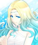  1girl aqua_hair blue_eyes g-spring_goddess_(ishiyumi) gradient_hair hands_clasped highres ishiyumi long_hair multicolored_hair original own_hands_together peplos platinum_blonde_hair roman_clothes solo tiara title_page wavy_hair 