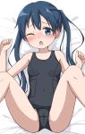  1girl bangs bare_arms bare_shoulders bed_sheet black_swimsuit blue_eyes blue_hair blush cameltoe collarbone commentary_request eyebrows_visible_through_hair feet_out_of_frame hands_up highres hippo_(hirople) kin-iro_mosaic knees_up komichi_aya long_hair looking_at_viewer lying nose_blush old_school_swimsuit on_back one-piece_swimsuit one_eye_closed open_mouth school_swimsuit solo spread_legs swimsuit twintails very_long_hair 