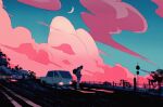  1other brown_hair car cloud cloudy_sky crescent_moon evening ground_vehicle icamebyunicorn jacket long_hair moon motor_vehicle road sky solo steven_universe stevonnie_(steven_universe) 