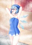  1girl absurdres blue_eyes blue_hair blue_towel cirno fairy_wings highres ice ice_wings naked_towel nude older onsen short_hair steam touhou towel wings xanadu_avici 