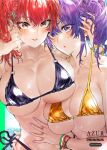  2girls aqua_background azur_lane bangs bare_shoulders bikini black_bikini bracelet breasts brown_eyes cleavage hair_ornament hairclip halterneck highres holding_another jewelry large_breasts multiple_girls official_alternate_costume pola_(azur_lane) pola_(seaside_coincidence)_(azur_lane) purple_eyes purple_hair red_hair side-tie_bikini side_ponytail signo_aaa swimsuit twintails underboob yellow_bikini zara_(azur_lane) zara_(poolside_coincidence)_(azur_lane) 