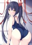 1girl :q ass bangs bare_arms bare_shoulders black_hair blue_swimsuit blurry blurry_background blush brown_eyes cameltoe closed_mouth commentary_request depth_of_field eyebrows_visible_through_hair fairy_tail hair_between_eyes highres horns leaning_forward long_hair looking_at_viewer looking_back old_school_swimsuit one-piece_swimsuit red_ribbon ribbon satsuki_yukimi school_swimsuit smile solo swimsuit tongue tongue_out twintails very_long_hair wendy_marvell window 