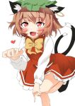  1girl :d animal_ear_fluff animal_ears bad_hand blush bow bowtie brown_hair cat_ears cat_tail chen dress earrings fang foot_out_of_frame gold_trim hat heart jewelry looking_at_viewer mob_cap multiple_tails nekomata open_mouth polpol red_dress red_eyes short_hair simple_background single_earring sketch smile solo standing standing_on_one_leg tail touhou two_tails white_background yellow_neckwear 
