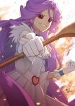  1girl back_arrow colored_sclera dated earrings fine_forte gloves grin heart_buckle holding holding_wand jewelry long_hair purple_hair red_eyes red_sclera sarasa_(kanbi) smile stud_earrings wand white_gloves 