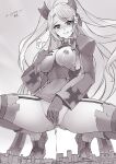  1girl ahoge armpit_cutout azur_lane blush boots breasts breasts_outside censored city clothing_cutout commission garter_straps giant giantess gloves hair_ornament heart highres large_breasts licking_lips long_hair long_sleeves looking_at_viewer masturbation monochrome mosaic_censoring no_panties outdoors prinz_eugen_(azur_lane) self_fondle seo_tatsuya solo spoken_heart thigh_boots thighhighs tongue tongue_out twintails wide_sleeves 