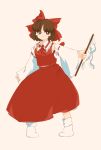  1girl absurdres ascot bow brown_eyes brown_hair detached_sleeves frilled_bow frills gohei hair_bow hair_tubes hakurei_reimu hamriku highres japanese_clothes long_hair medium_hair miko nontraditional_miko ofuda red_bow red_neckwear ribbon-trimmed_sleeves ribbon_trim the_embodiment_of_scarlet_devil touhou wide_sleeves yin_yang 
