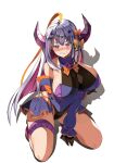  1girl absurdres ahoge bare_shoulders blush breasts detached_sleeves gloves goltarion_xiii hair_ribbon highres horns large_breasts last_origin long_hair personification purple_eyes purple_hair ribbon solo star_(symbol) thigh_strap very_long_hair yume_no_hana_(sbac0019) 