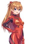  1girl :d bangs blue_eyes blush bodysuit breasts brown_hair commentary_request cowboy_shot eyebrows_visible_through_hair hair_between_eyes hand_on_hip long_hair looking_at_viewer neon_genesis_evangelion number open_mouth plugsuit rebuild_of_evangelion red_bodysuit red_hair simple_background small_breasts smile solo souryuu_asuka_langley sumisaki_yuzuna very_long_hair white_background 