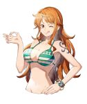  1girl bangs bare_arms bare_shoulders bikini blush bracelet breasts brown_eyes collarbone hand_on_hip jewelry kobayashi_sakon large_breasts log_pose long_hair nami_(one_piece) navel one_eye_closed one_piece orange_hair shoulder_tattoo simple_background smile solo swimsuit tattoo tongue tongue_out white_background 