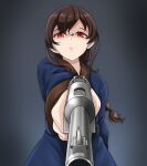  1girl blue_coat braid brown_hair coat from_below gun handgun holding holding_gun holding_weapon kantai_collection long_hair long_sleeves nambu_type_14 red_eyes single_braid solo souya_(kancolle) tk8d32 upper_body weapon 