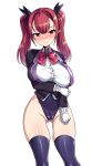  1girl ass_visible_through_thighs bangs black_legwear blush bow bowtie breasts cameltoe covered_navel gloves harigane_shinshi highres leotard looking_at_viewer original pointy_ears red_eyes red_hair smile thighhighs transparent_background twintails white_gloves 