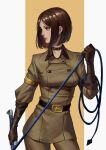  1girl belt bob_cut bracelet breasts brown_eyes brown_hair choker closed_mouth commentary earrings elbow_gloves english_commentary gloves holding holding_whip jewelry lips looking_away military military_uniform phamoz short_hair simple_background solo the_king_of_fighters uniform whip whip_(kof) white_background 