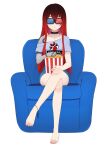  3d_glasses anklet bare_legs bare_shoulders barefoot choker epic_fail_project erica_naito food highres jewelry legs long_hair mechanical_arms mechanical_parts movie_theater original popcorn red_hair self_upload sitting toes 
