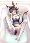  1girl animal_ear_fluff animal_ears azur_lane bathtub bell black_hair breasts cat_ears cat_mask cat_tail feet foreshortening full_body highres large_breasts legs looking_at_viewer mask mask_on_head no_shoes one-piece_swimsuit paw_pose short_hair soles swimsuit tail thighhighs violetshit water wet wet_clothes white_legwear yamashiro_(azur_lane) yamashiro_(summer_offensive?)_(azur_lane) 