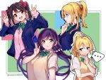  ... 3girls :d \m/ ayase_eli black_hair blonde_hair blue_eyes card cardigan closed_mouth double_\m/ green_eyes hair_ornament hair_scrunchie highres holding holding_card long_hair long_sleeves looking_at_viewer love_live! love_live!_school_idol_project low_twintails multiple_girls nakano_maru nico_nico_nii open_mouth otonokizaka_school_uniform pink_cardigan ponytail profile purple_hair red_eyes school_uniform scrunchie short_hair short_sleeves smile spoken_ellipsis toujou_nozomi twintails twitter_username white_scrunchie yazawa_nico yellow_cardigan 