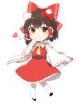  1girl absurdres animal_ears bangs bare_shoulders black_footwear bow brown_eyes brown_hair cat_ears chibi closed_mouth dress extra_ears eyebrows_visible_through_hair hair_between_eyes hair_tubes hakurei_reimu hand_on_own_face hand_up heart hello_kitty highres jill_07km kemonomimi_mode long_sleeves red_bow red_dress shoes short_hair simple_background smile socks solo standing touhou white_background white_legwear white_sleeves yellow_neckwear 