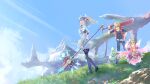  1boy 1girl blue_eyes braid crown_braid curly_hair dress fuwamoko_momen_toufu head_wings highres holding holding_staff kino_(xenoblade) melia_antiqua monado nene_(xenoblade) scenery short_hair shulk_(xenoblade) silver_hair staff sword weapon xenoblade_chronicles xenoblade_chronicles:_future_connected xenoblade_chronicles_(series) 