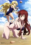  2girls absurdres alice_(sentouin_hakenshimasu!) all_fours anklet ass ball bangs beach beachball bikini black_bikini black_swimsuit blonde_hair blue_eyes blue_sky breasts brown_hair cleavage closed_mouth cloud collarbone day fujii_masahiro grimm_(sentouin_hakenshimasu!) hair_between_eyes hair_ornament hairclip hand_in_hair highres jewelry large_breasts long_bangs long_hair looking_at_viewer megami_magazine multiple_girls ocean official_art one-piece_swimsuit outdoors scan school_swimsuit sentouin_hakenshimasu! sky smile starfish swimsuit thighs 