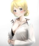  1girl bangs black_bra blonde_hair blue_eyes blush bra braid breasts cleavage collarbone commentary_request darjeeling_(girls_und_panzer) dressing eyebrows_visible_through_hair girls_und_panzer highres large_breasts long_sleeves looking_at_viewer shirt short_hair simple_background smile solo striped tama_(seiga46239239) tied_hair underwear upper_body white_background white_shirt 