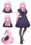  1girl alternate_costume bangs blush breasts eyebrows_visible_through_hair highres hololive hololive_english long_hair looking_at_viewer meme_attire mikan_(chipstar182) mori_calliope multiple_views open_mouth pink_eyes pink_hair simple_background smile virgin_killer_outfit virtual_youtuber white_background 