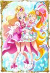  2girls :d ;d blonde_hair blue_eyes breasts card_(medium) collarbone crop_top cure_flora cure_summer elbow_gloves fingerless_gloves floating_hair gloves go!_princess_precure gradient_hair grey_eyes hand_on_another&#039;s_shoulder hanzou haruno_haruka highres long_hair looking_at_viewer midriff miniskirt multicolored_hair multiple_girls natsuumi_manatsu navel one_eye_closed open_mouth pink_hair pink_sailor_collar pink_skirt pleated_skirt precure sailor_collar shiny shiny_hair short_sleeves side_ponytail skirt small_breasts smile standing standing_on_one_leg stomach tied_hair tropical-rouge!_precure two-tone_hair very_long_hair white_footwear white_gloves white_skirt 