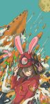  1girl absurdres animal animal_ears arm_at_side blue_background blue_sky blush breast_pocket brown_hair bunny bunny_ears buttons carrot carrot_necklace commentary_request ears_through_headwear food food_in_pocket hair_between_eyes hand_up helmet highres hood hood_down hooded_jacket index_finger_raised jacket jewelry launching long_sleeves looking_at_viewer looking_to_the_side medium_hair moon moon_rabbit necklace oimo_imoo original parted_lips pocket pointing pointing_up red_eyes red_headwear red_jacket rocket sky smoke smug solo space_craft uniform upper_body v-shaped_eyebrows 