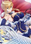  1girl absurdres artoria_pendragon_(all) artoria_pendragon_(lancer)_(fate) bare_shoulders blonde_hair blue_gloves blue_leotard braid breasts cleavage cleavage_cutout clothing_cutout crown elbow_gloves fate/grand_order fate_(series) french_braid gloves green_eyes hair_between_eyes highleg highleg_leotard highres huge_filesize ichi_yoshida large_breasts leotard long_hair looking_at_viewer sidelocks solo 