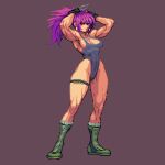  1girl arms_behind_head arms_up bangs biceps boots brown_gloves closed_mouth combat_boots commentary earrings english_commentary fighting_stance gloves jewelry leona_heidern looking_at_viewer muscular muscular_female omegachaino one-piece_swimsuit orochi_leona pixel_art ponytail red_eyes red_hair simple_background snk solo standing swimsuit the_king_of_fighters thigh_strap thighs toned tying_hair 