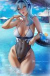  1girl blue_hair blush bracelet breasts breasts_apart day eula_lawrence facing_viewer food fruit genshin_impact glass hair_between_eyes highleg highleg_swimsuit ice ice_cube jewelry large_breasts lemon lemon_slice lips long_hair navel necklace olchas one-piece_swimsuit outdoors parted_lips pool purple_eyes see-through solo standing sweat swimsuit table water watermark 
