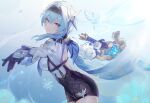  1girl 444u blue_hair cape commentary eula_lawrence genshin_impact gloves hairband half-closed_eyes highres holding holding_sword holding_weapon leotard long_sleeves solo sword symbol_commentary vambraces weapon 