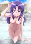  1girl arm_up barefoot breasts closed_mouth collarbone day full_body hair_between_eyes hair_intakes hanzou happinesscharge_precure! highres hikawa_iona kneeling leaning_forward long_hair looking_at_viewer medium_breasts navel nipples onsen outdoors precure purple_eyes purple_hair pussy shiny shiny_hair smile solo straight_hair very_long_hair 