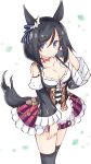  1girl absurdres animal_ears arm_behind_head bangs bare_shoulders black_hair black_legwear black_sleeves blue_eyes blush breasts cleavage closed_mouth collarbone commentary_request detached_sleeves eishin_flash_(umamusume) eyebrows_visible_through_hair frilled_skirt frilled_sleeves frills hair_between_eyes hand_up highres horse_ears horse_girl horse_tail ichi layered_sleeves long_sleeves medium_breasts puffy_short_sleeves puffy_sleeves shirt short_over_long_sleeves short_sleeves skirt smile solo standing striped tail thighhighs umamusume vertical-striped_skirt vertical_stripes white_background white_shirt wide_sleeves 