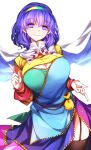  1girl absurdres blue_eyes blue_hair breasts cape dress hairband highres large_breasts long_sleeves multicolored multicolored_clothes multicolored_dress multicolored_hairband rainbow_gradient raptor7 short_hair solo tenkyuu_chimata touhou unconnected_marketeers white_cape wide_hips 