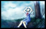  1girl arms_up bangs bare_tree black_border blue_dress blue_eyes blue_footwear blue_hair border bow cirno cloud cloudy_sky commentary day dress eyebrows_visible_through_hair foot_out_of_frame grass hair_between_eyes hair_bow ice ice_wings mary_janes nekonekosan_(kemushima3) open_mouth outdoors pinafore_dress puffy_short_sleeves puffy_sleeves red_ribbon ribbon shirt shoes short_hair short_sleeves sky socks solo touhou tree white_legwear white_shirt wing_collar wings 
