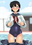  1girl absurdres black_hair black_sailor_collar black_skirt blue_sky clothes_removed cloud commentary_request covered_navel cowboy_shot grey_eyes haida_katsuretsu highres looking_at_viewer neckerchief new_school_swimsuit original pool red_neckwear sailor_collar school_swimsuit school_uniform serafuku short_hair skirt skirt_removed sky solo swimsuit wading water 