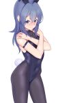  1girl alternate_breast_size animal_ears azur_lane bangs black_legwear black_leotard blue_eyes blue_hair blush bunny_ears bunny_tail chinese_commentary closed_mouth collarbone commentary_request covered_collarbone covered_navel crossed_arms eyebrows_visible_through_hair hair_between_eyes hands_up highres jilu leotard long_hair looking_at_viewer new_jersey_(azur_lane) new_jersey_(exhilarating_steps!)_(azur_lane) nose_blush official_alternate_costume pantyhose playboy_bunny simple_background solo tail white_background younger 