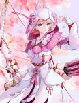  1girl absurdres armor artist_request bare_shoulders breasts cherry_blossoms detached_sleeves fox_mask highres holding holding_weapon hood japanese_clothes looking_at_viewer mask mizutsune_(armor) monster_hunter_(series) monster_hunter_rise parted_lips short_hair simple_background solo thighhighs weapon 