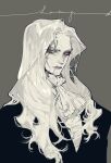  1boy castlevania colored_skin commentary cravat dracula_(castlevania) english_commentary fangs fangs_out grey_background long_hair looking_at_viewer male_focus pigeon666 scar_on_mouth signature solo upper_body white_hair white_skin yellow_eyes 