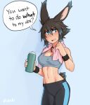  1girl animal_ears aqua_pants bangs bare_shoulders black_pants bottle breasts brown_hair bunny_ears cleavage disgust english_text grey_hair groin highres holding large_breasts multicolored_hair navel open_mouth original pants rob_ishi solo speech_bubble sports_bra stomach sweat toned towel towel_around_neck two-tone_hair wristband 