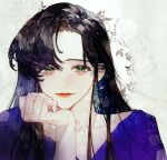  1girl arm_support black_hair blue_dress blue_hair closed_mouth colored_inner_hair dress earrings green_eyes head_rest jewelry lipstick long_hair looking_at_viewer makeup multicolored_hair original pigeon666 red_lips smile solo 
