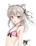  1girl :o animal_ear_fluff animal_ears bare_shoulders bell black_bow black_hairband black_ribbon blush bow bow_bra bra brown_eyes cat_ears cat_girl cat_tail collarbone commentary_request extra_ears flat_chest flipper girls_und_panzer hair_ribbon hairband highres kemonomimi_mode long_hair looking_at_viewer open_mouth pink_bra ribbon shimada_arisu silver_hair solo tail tail_bell tail_ornament two_side_up underwear underwear_only upper_body 