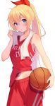  1girl absurdres ball basketball basketball_uniform blonde_hair blue_eyes blush bow collarbone hair_behind_ear hair_bow hair_ribbon highres jersey jun_(aousa0328) kirisaki_chitoge long_hair looking_at_viewer looking_to_the_side midriff_peek navel nisekoi ponytail red_bow ribbon smile solo sportswear tied_hair towel very_long_hair white_background 