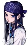  1girl ainu_clothes asirpa bead_necklace beads black_hair blue_bandana blue_eyes choker earrings golden_kamuy highres hoop_earrings jewelry long_hair looking_at_viewer necklace simple_background solo upper_body urkt_10 white_background 