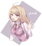  1girl :d ahoge akamatsu_kaede bangs blonde_hair blush breasts collared_shirt danganronpa_(series) danganronpa_v3:_killing_harmony eighth_note grey_background hair_ornament hand_up juugonichi_(wheeliex2) long_hair long_sleeves looking_at_viewer musical_note musical_note_hair_ornament necktie open_mouth pink_eyes pink_sweater_vest pink_vest purple_eyes shirt smile solo sweater_vest transparent_background upper_body upper_teeth vest 